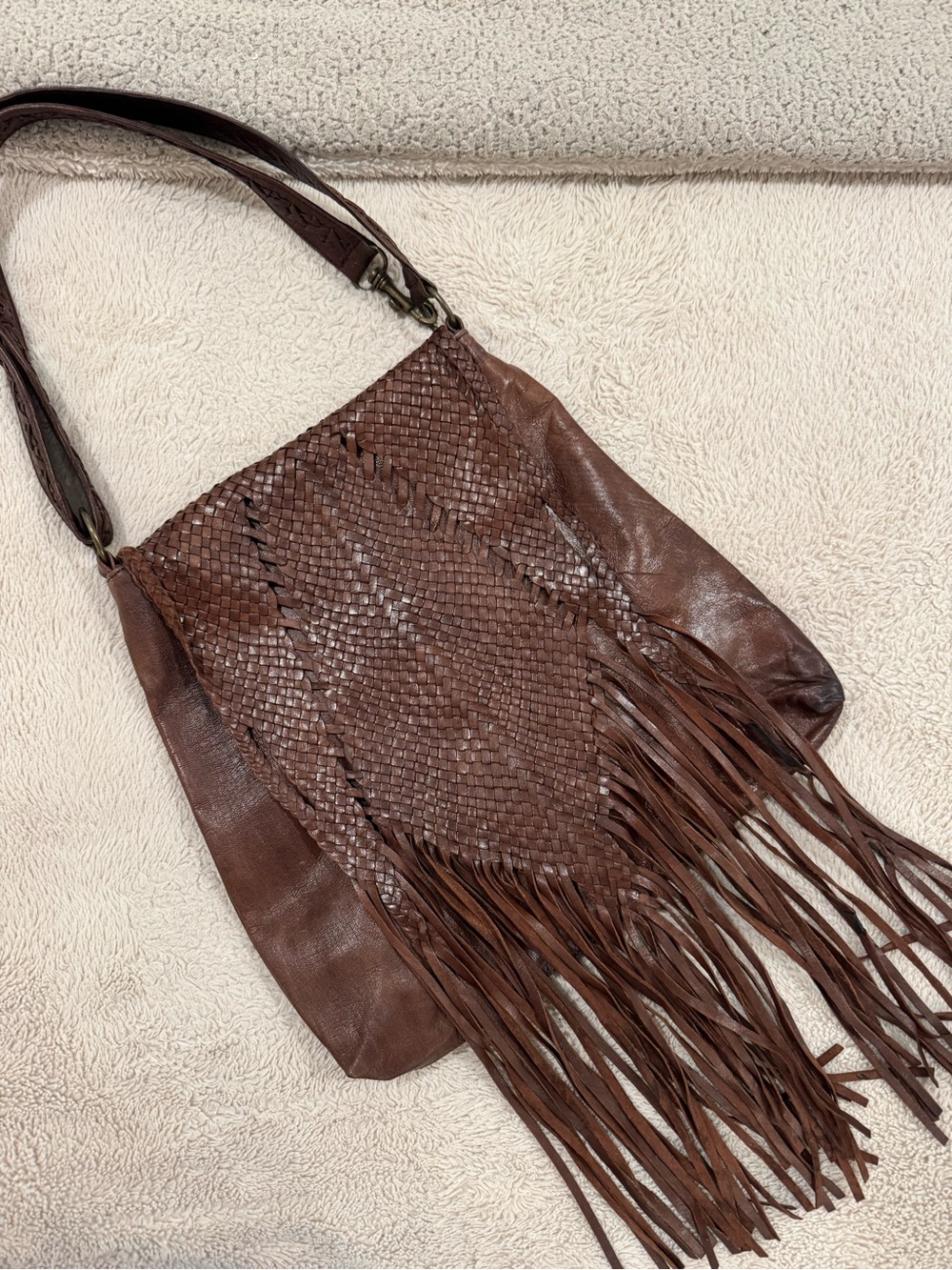 Braided Fringe Faux Leather Shoulder Bag - Brown
